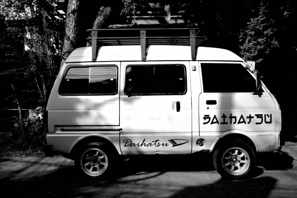 A small van parked outside on a sunny day.